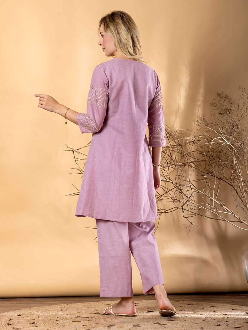 women solid with work three quarter sleeve kurta pant set - 22187552 -  Standard Image - 3