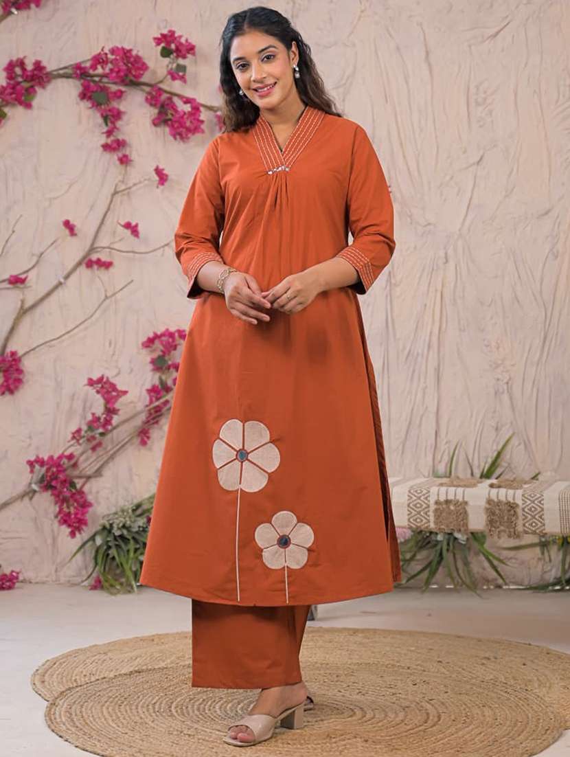 women solid with work three quarter sleeve kurta palazzo set 
