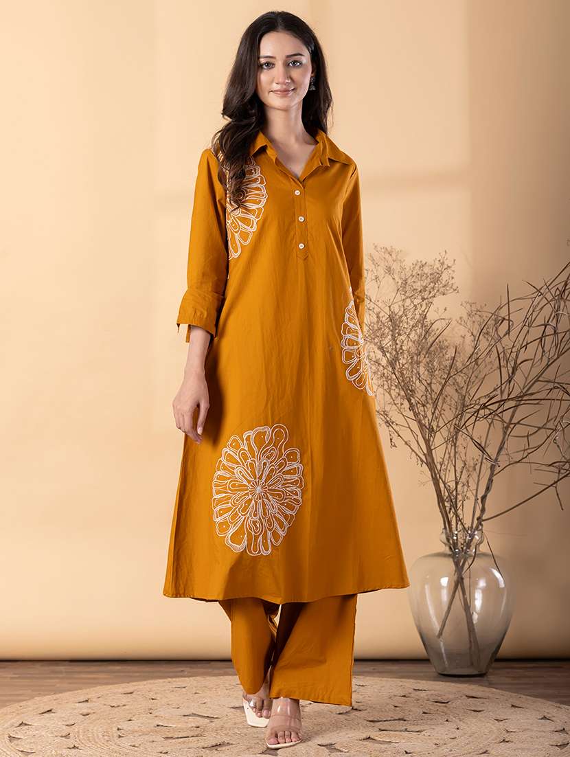 women solid with work three quarter sleeve kurta palazzo set