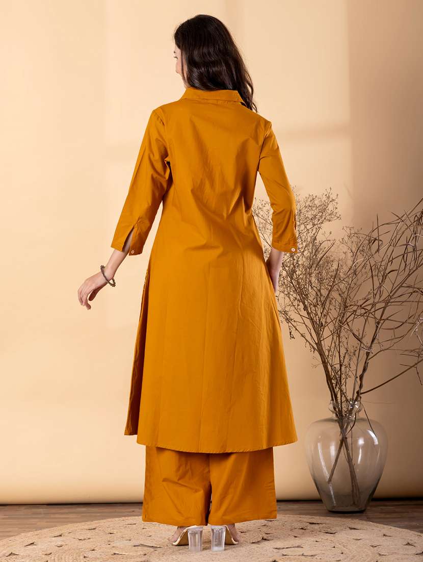 women solid with work three quarter sleeve kurta palazzo set - 22187563 -  Standard Image - 3