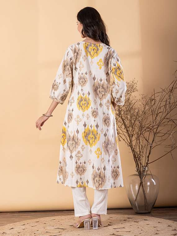 women ikat printed three quarter sleeve kurta pant set - 22187566 -  Standard Image - 3