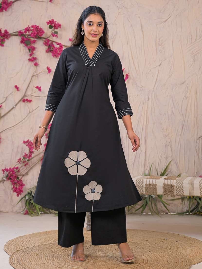women solid with work three quarter sleeve kurta palazzo set