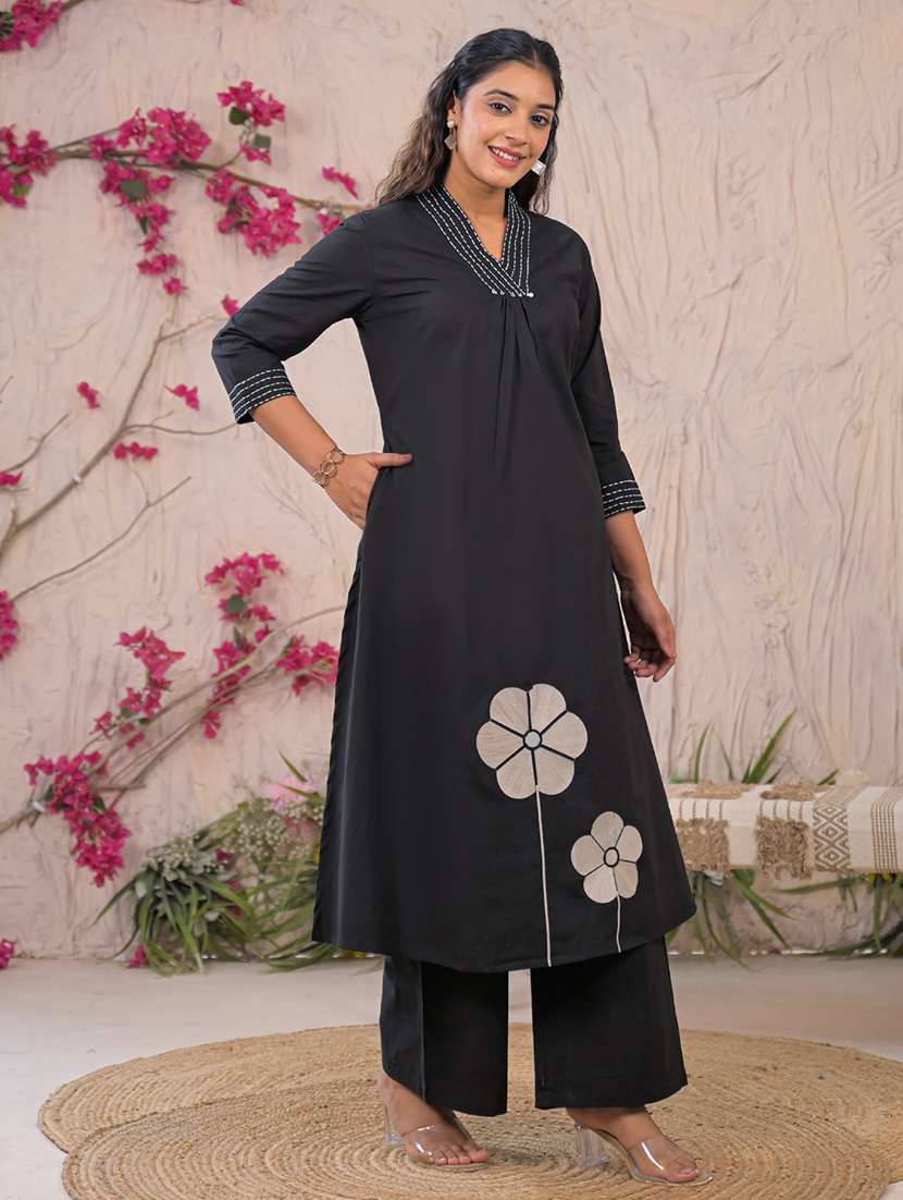 women solid with work three quarter sleeve kurta palazzo set - 22187569 -  Standard Image - 3