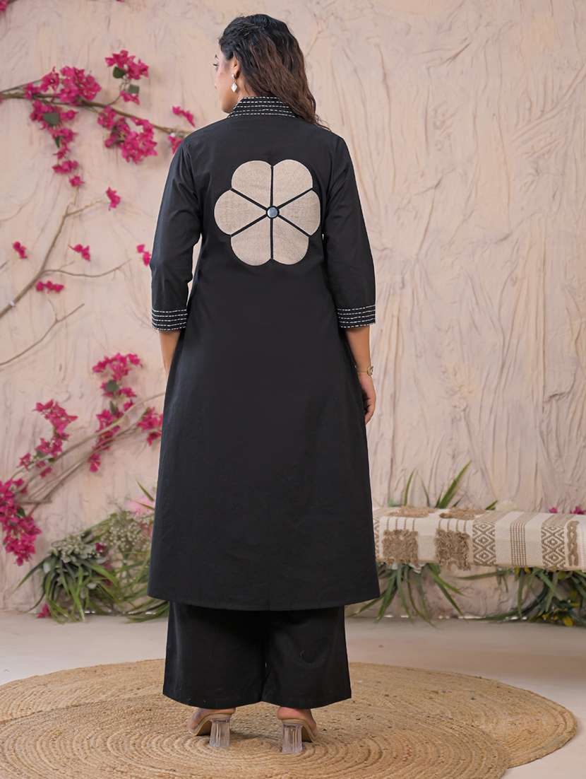 women solid with work three quarter sleeve kurta palazzo set - 22187569 -  Standard Image - 5