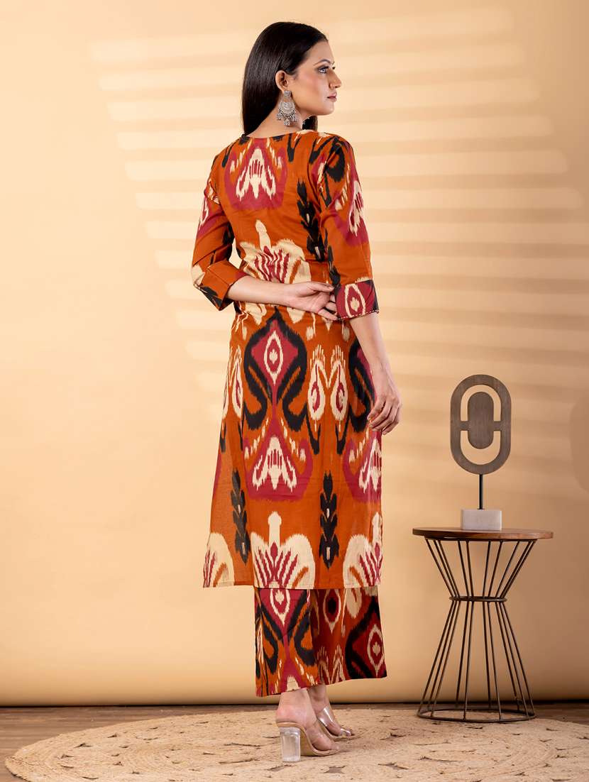 women ikat printed three quarter sleeve kurta palazzo set - 22187573 -  Standard Image - 3