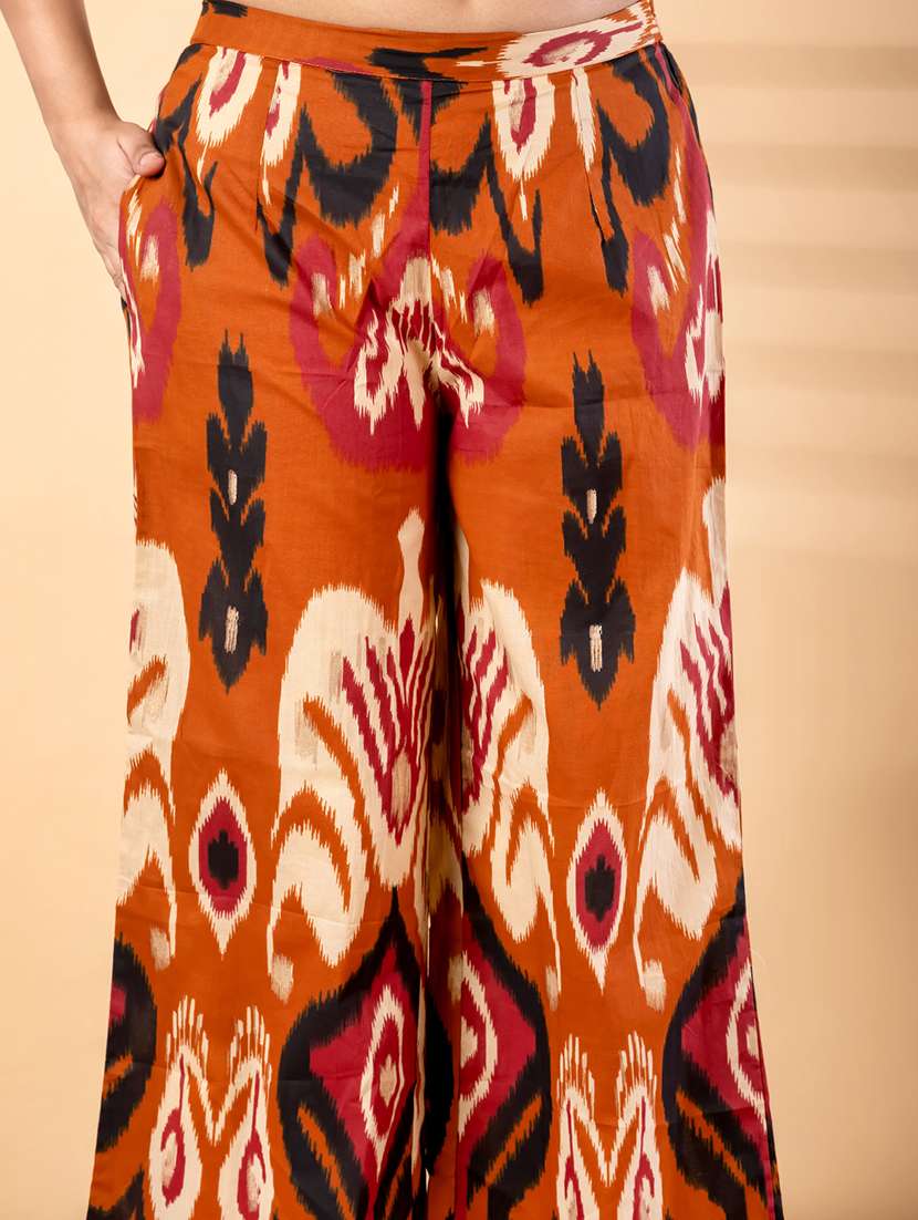 women ikat printed three quarter sleeve kurta palazzo set - 22187573 -  Standard Image - 5