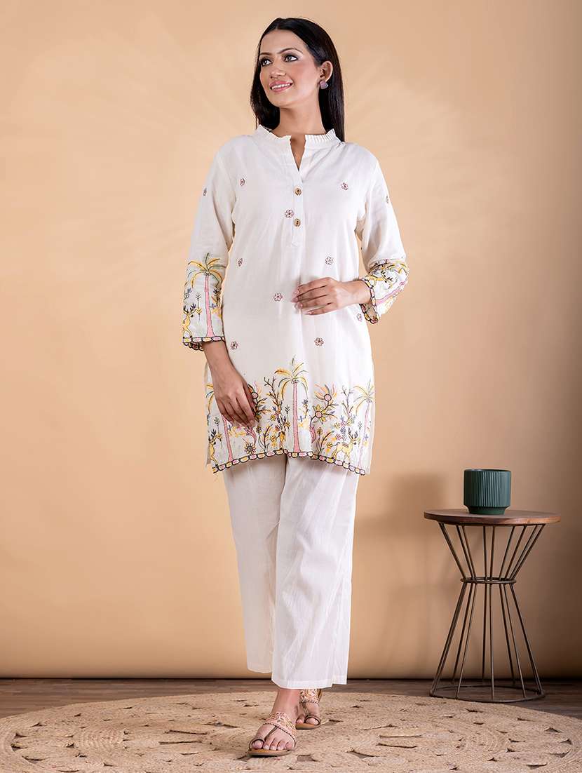 women solid with work three quarter sleeve ethnic co-ord set