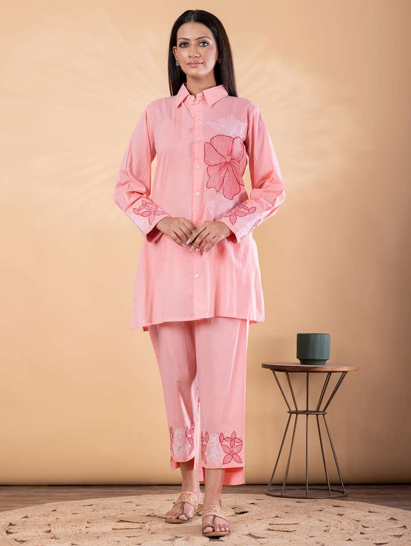 women solid with work long sleeve ethnic co-ord set