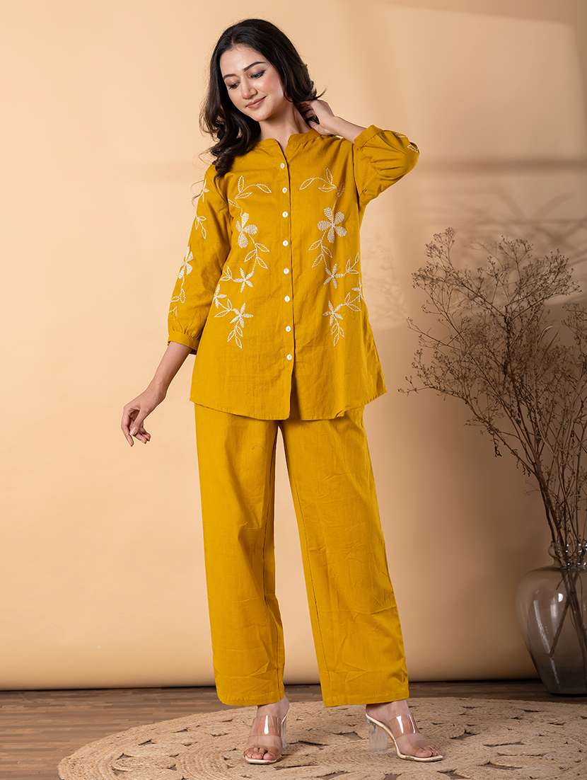 women solid with work three quarter sleeve shirt & trouser co-ord set