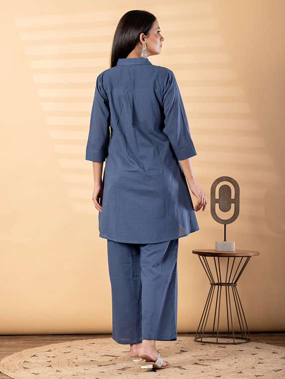women solid with work three quarter sleeve shirt & trouser co-ord set - 22187651 -  Standard Image - 3