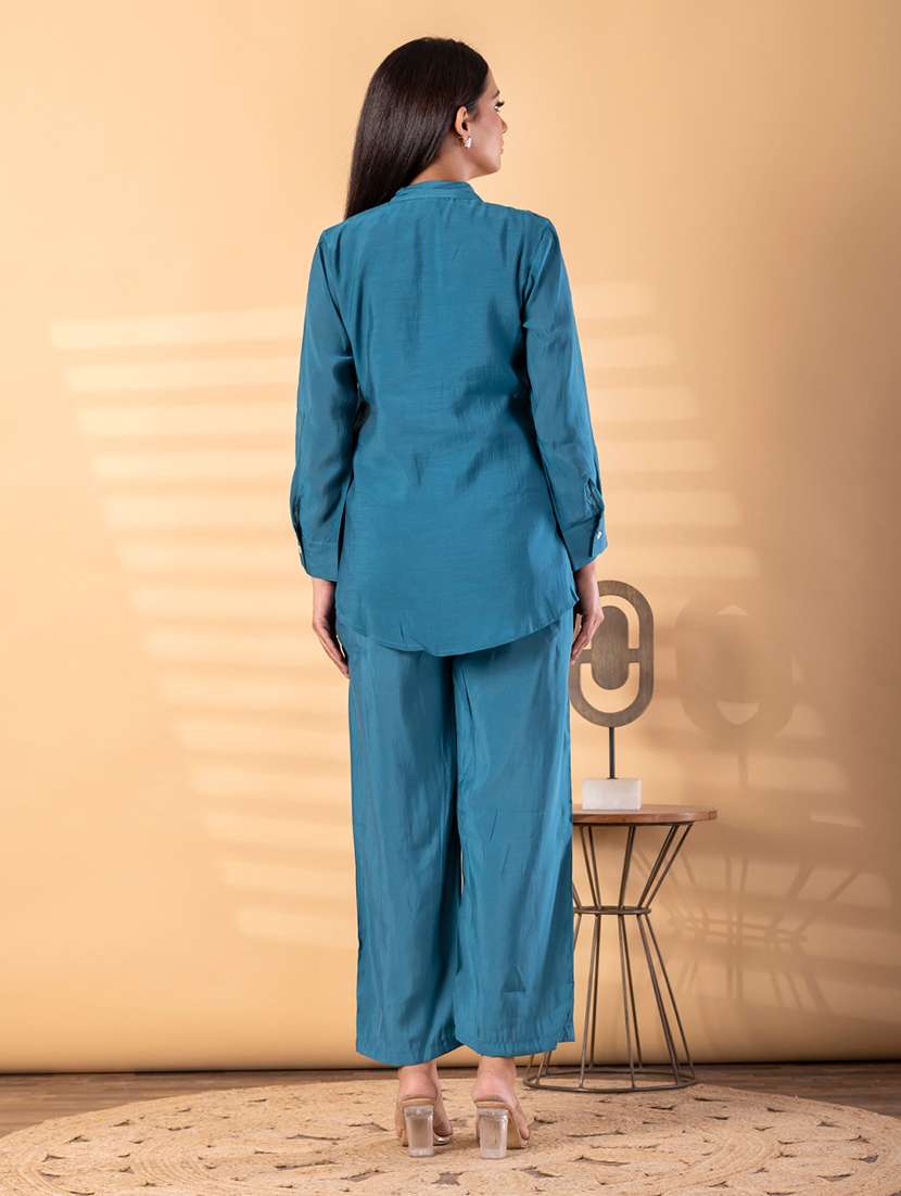 women solid with work long sleeve shirt & trouser co-ord set - 22187655 -  Standard Image - 3