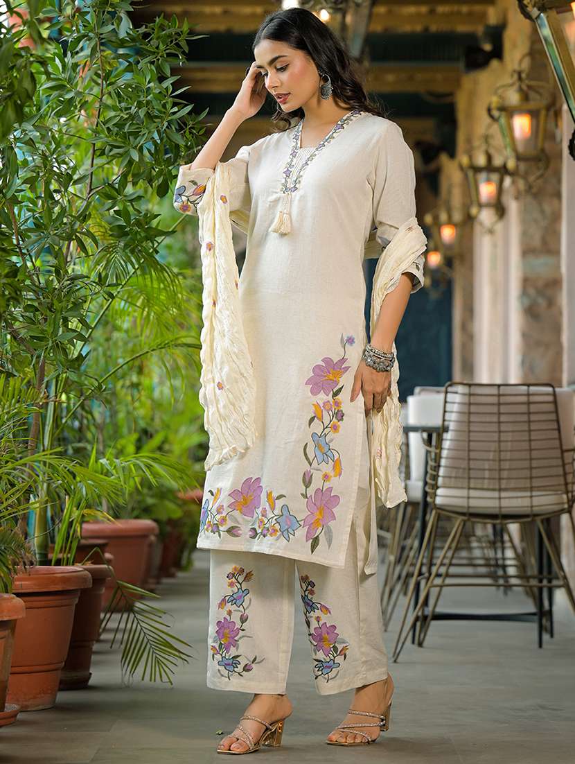 women solid with work three quarter sleeve kurta pant with dupatta set - 22187656 -  Standard Image - 3