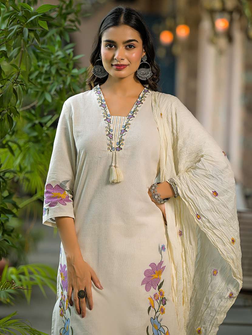 women solid with work three quarter sleeve kurta pant with dupatta set - 22187656 -  Standard Image - 5