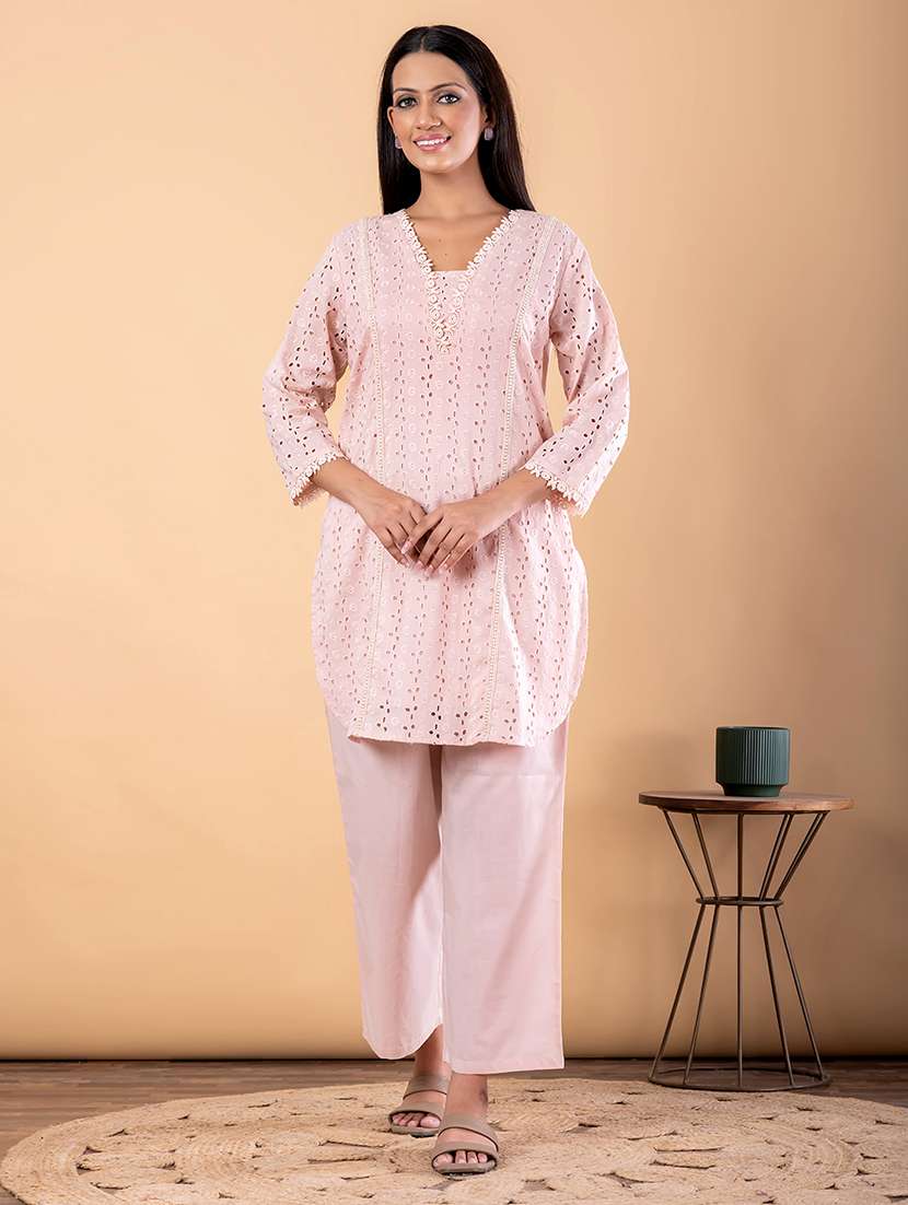 women solid with work three quarter sleeve ethnic co-ord set