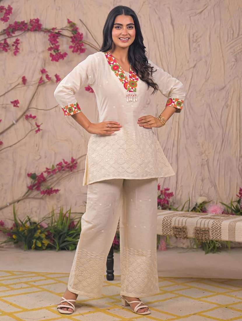 women solid with work three quarter sleeve ethnic co-ord set