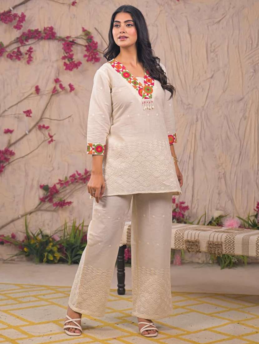 women solid with work three quarter sleeve ethnic co-ord set - 22187671 -  Standard Image - 3