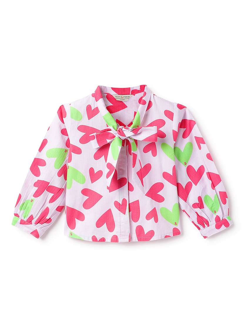 girls printed collared puff sleeve top