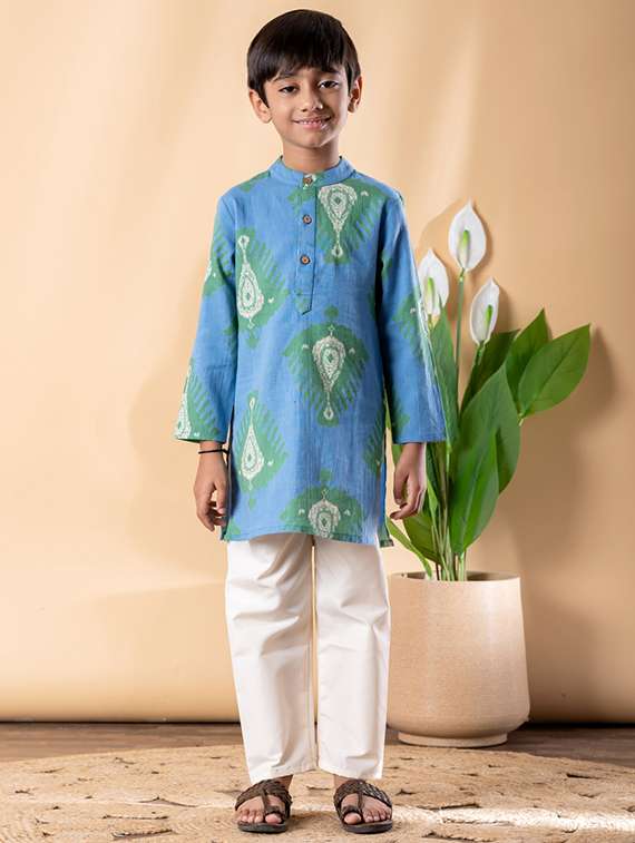 boys printed long sleeve kurta & pyjama set