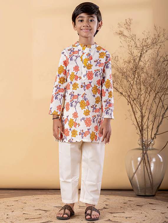 boys printed long sleeve kurta & pyjama set