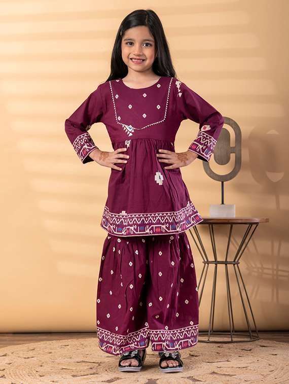 girls printed long sleeve kurta and sharara set