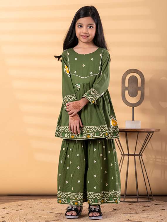 girls printed long sleeve kurta and sharara set