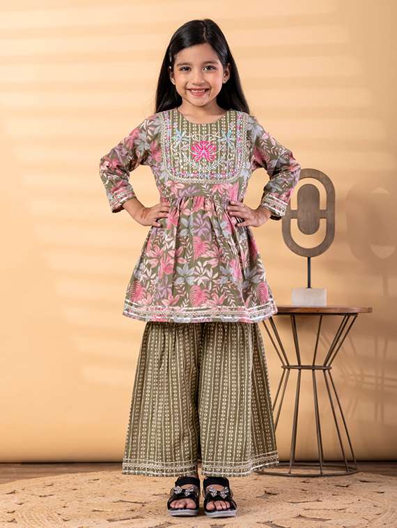 girls printed long sleeve kurta and sharara set
