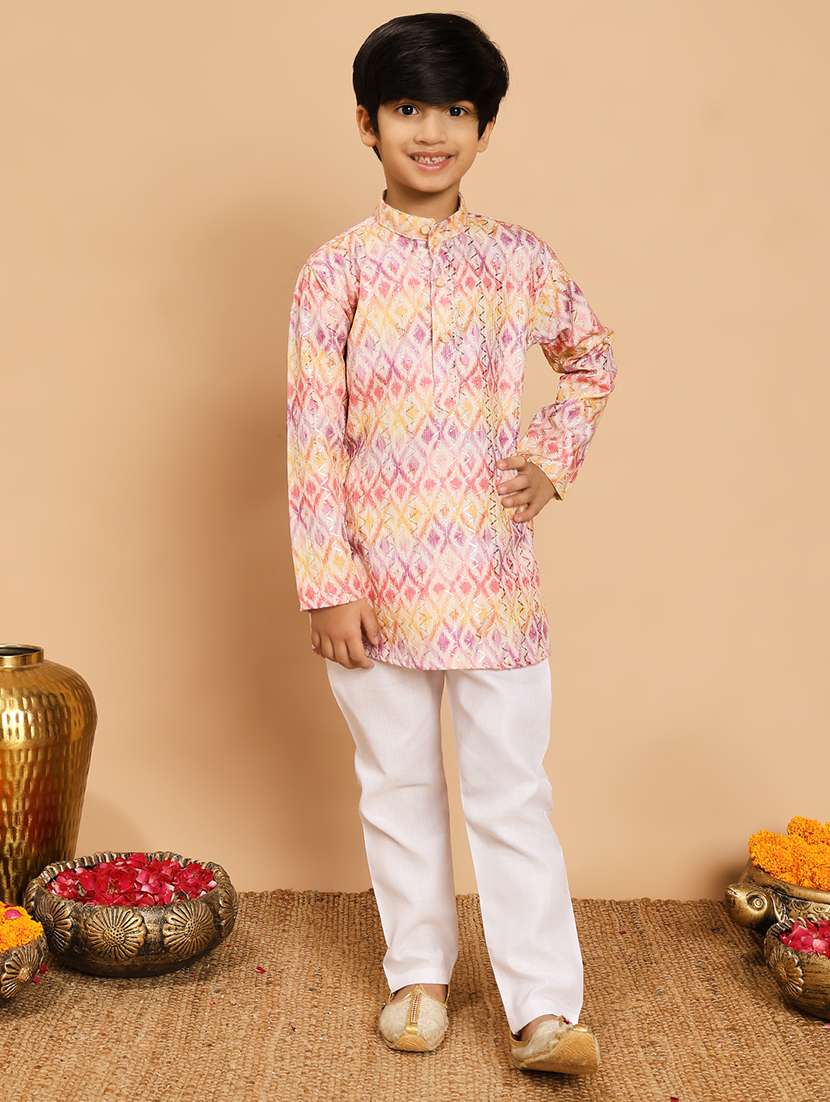 boys printed long sleeve kurta & pyjama set