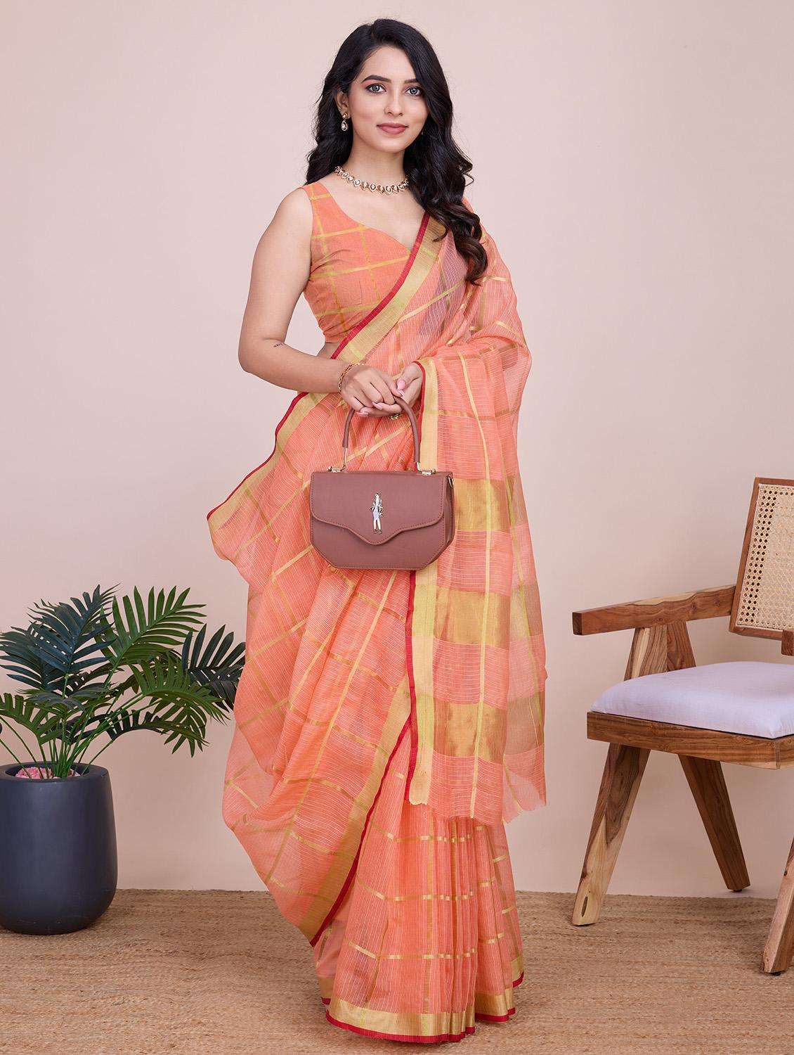 women checkered bordered saree with blouse