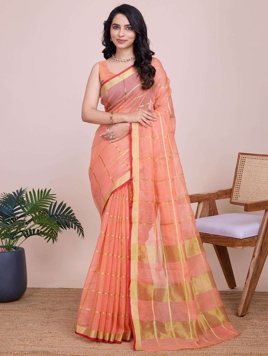 women checkered bordered saree with blouse