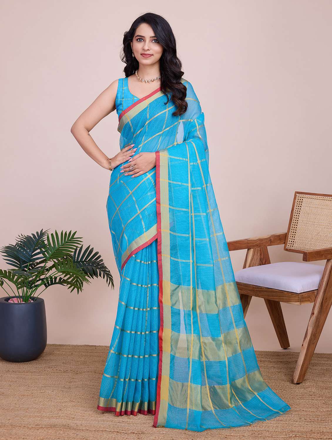women checkered bordered saree with blouse