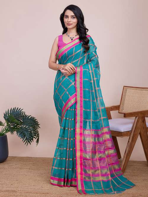 women checkered bordered saree with blouse - 22187803 -  Standard Image - 0