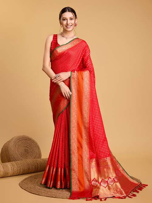 women checkered bordered saree with blouse - 22187856 -  Standard Image - 0
