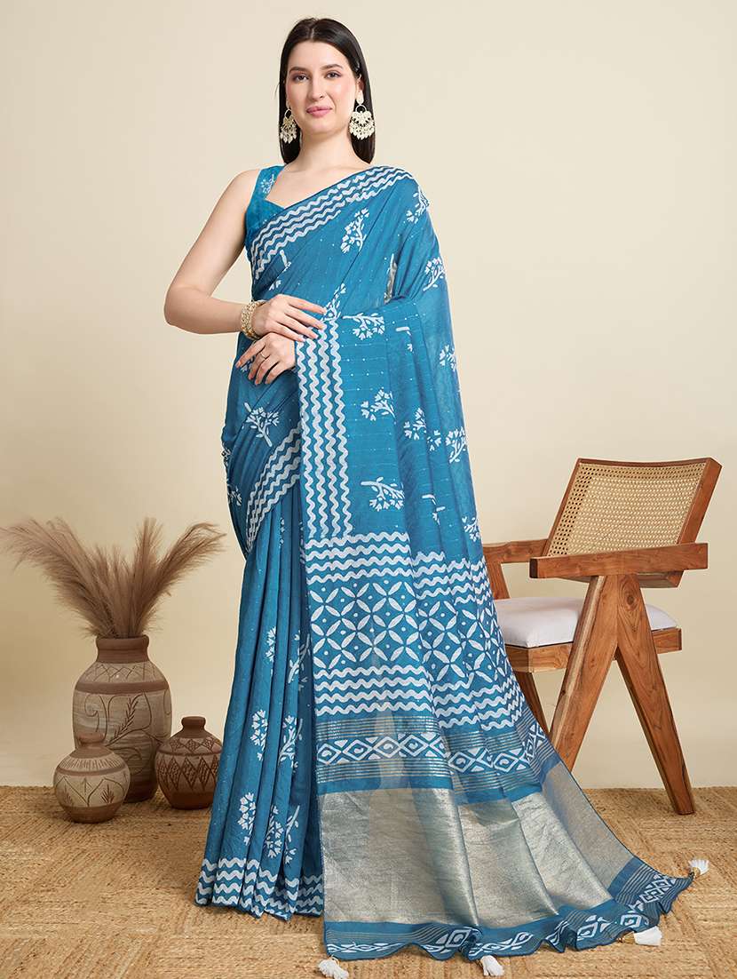 turquoise embellished women printed casual wear saree with blouse