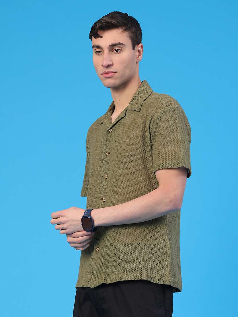men solid cuban collar short sleeve casual shirt - 22217094 -  Standard Image - 3