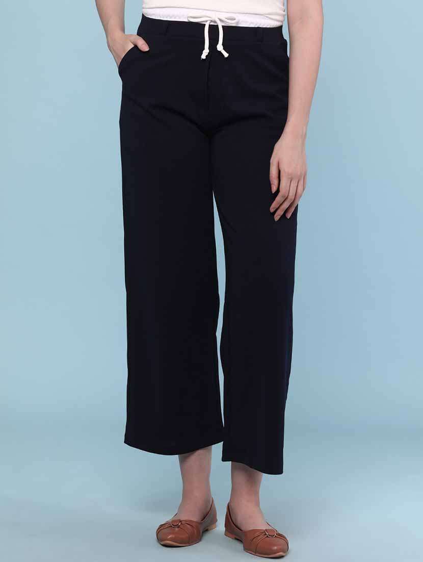 women solid mid rise straight fit trouser