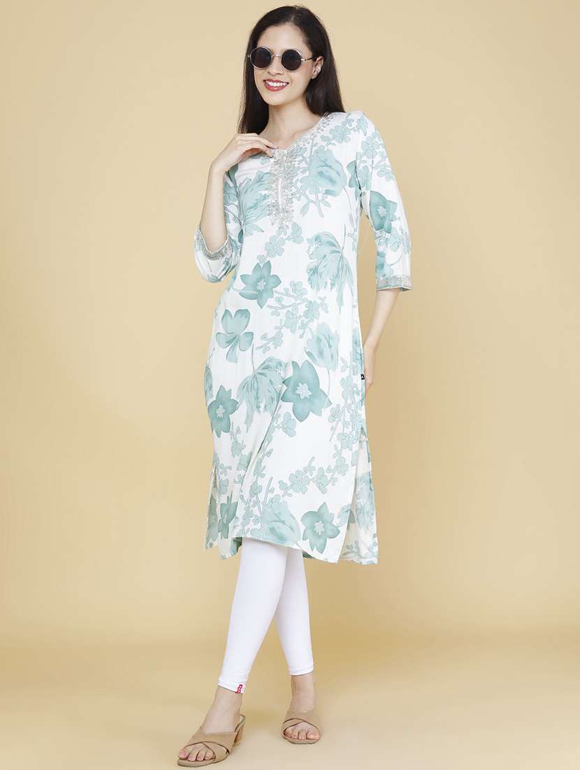 women embroidered three quarter sleeve straight kurta