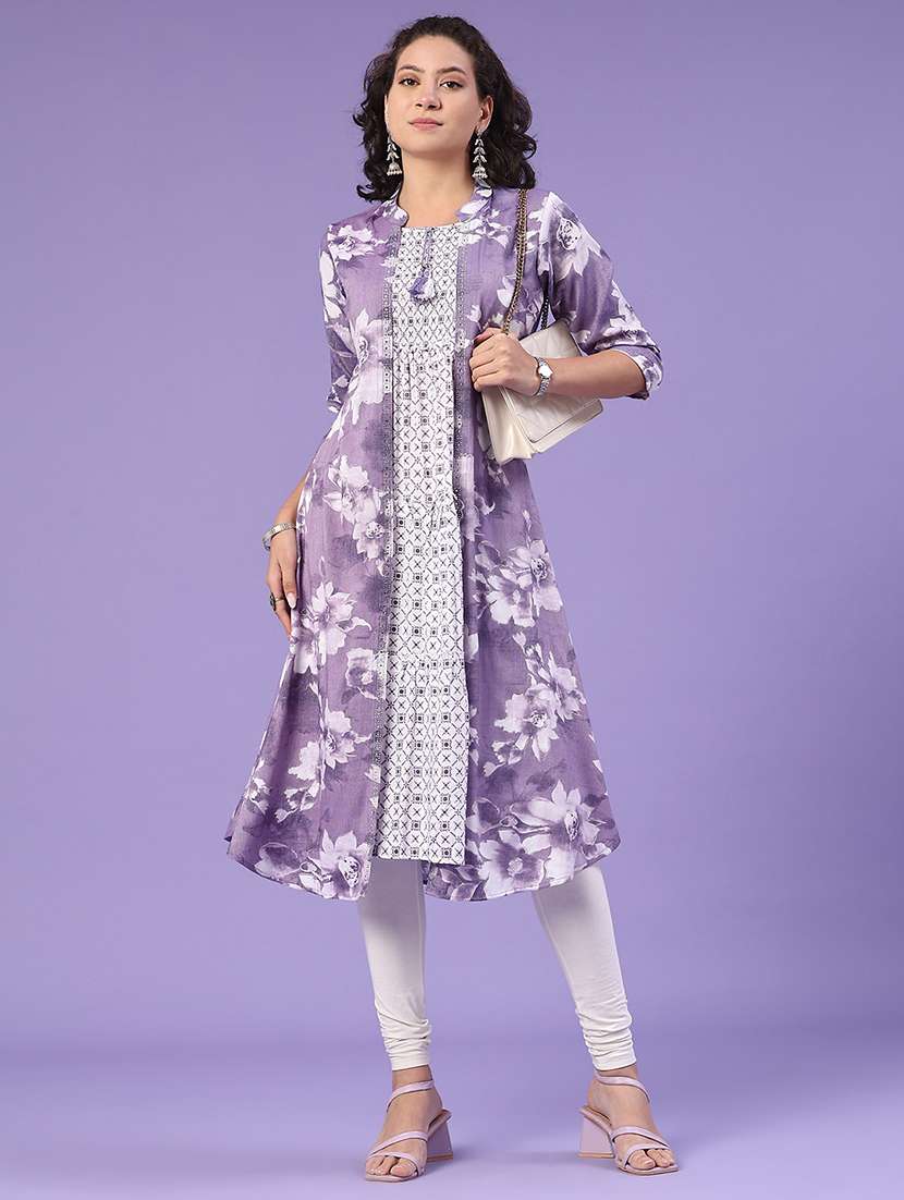 women lavender cotton tiered kurta
