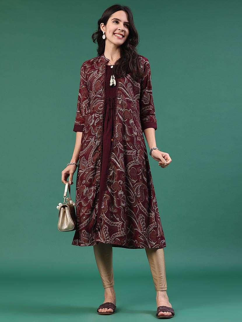 women printed three quarter sleeve layered kurta