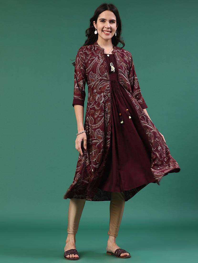 women printed three quarter sleeve layered kurta - 22217384 -  Standard Image - 5