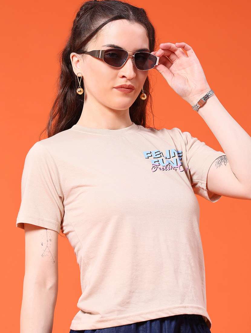 women beige cotton regular t-shirt