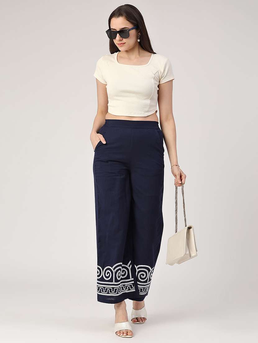 women navy blue cotton flared palazzo - 22217459 -  Standard Image - 3