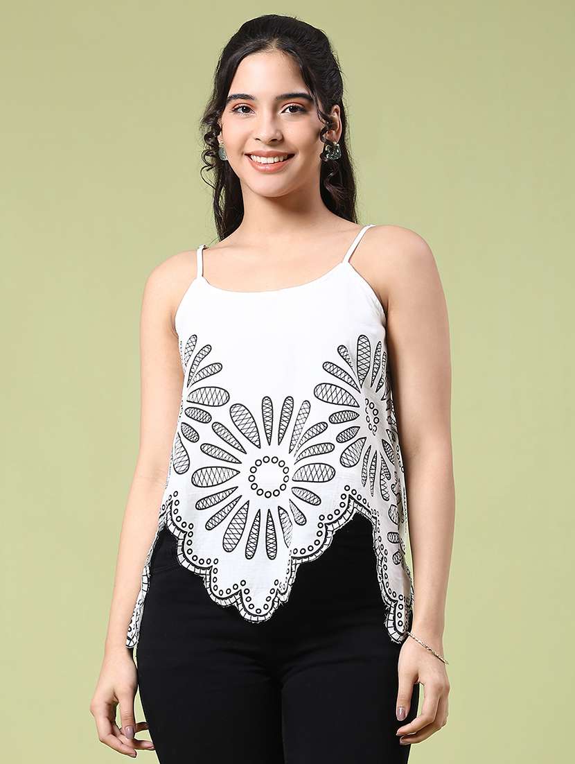 women printed shoulder strap asymmetric top