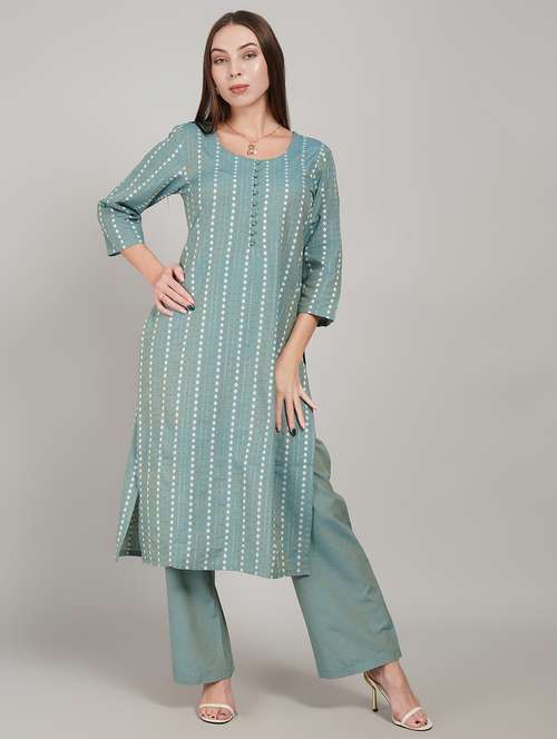 women self design three quarter sleeve kurta pant set - 22217637 -  Standard Image - 0