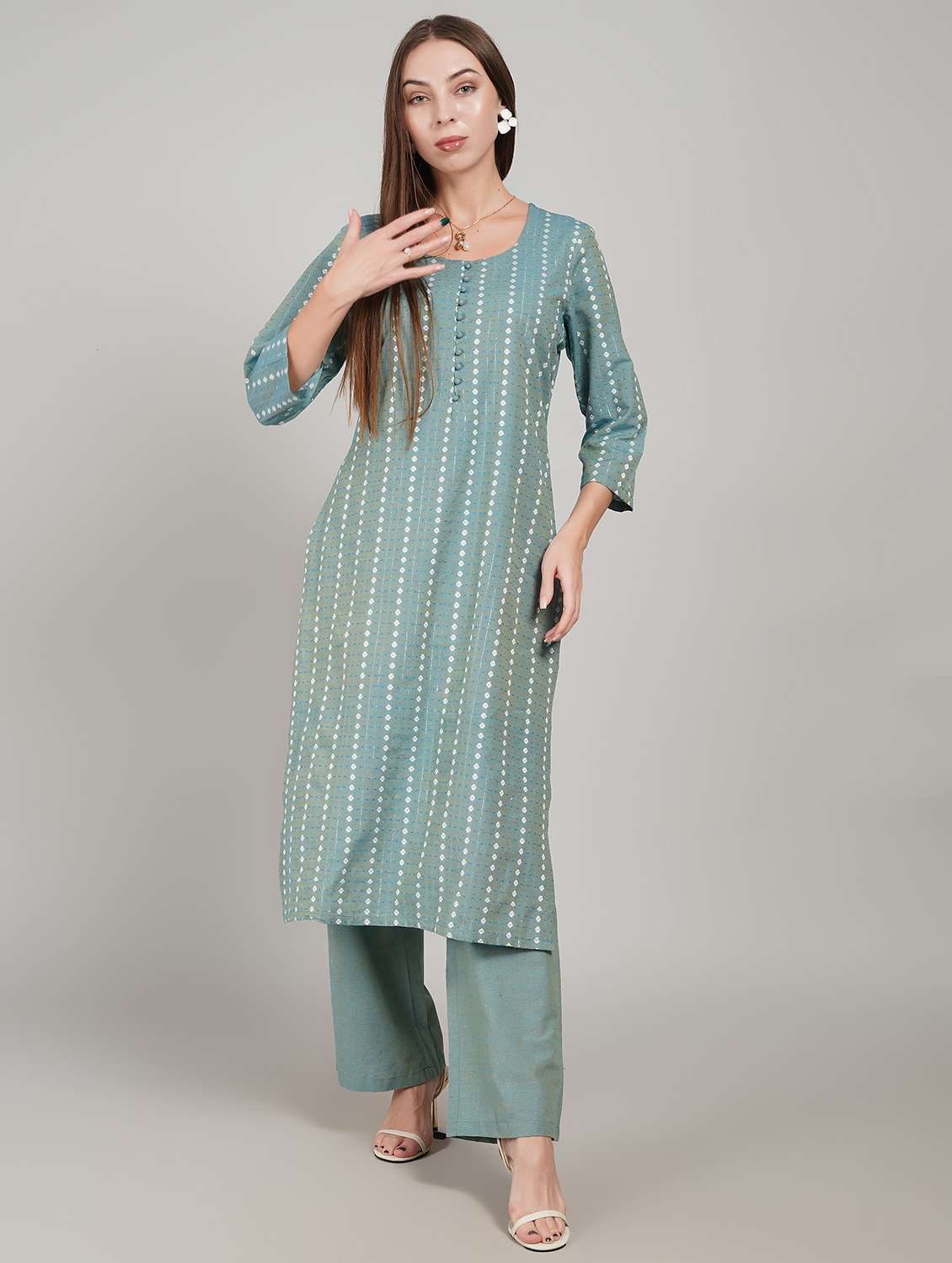 women self design three quarter sleeve kurta pant set - 22217637 -  Standard Image - 3