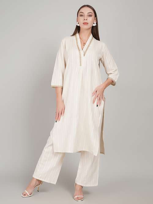 women self design three quarter sleeve kurta pant set - 22217638 -  Standard Image - 0