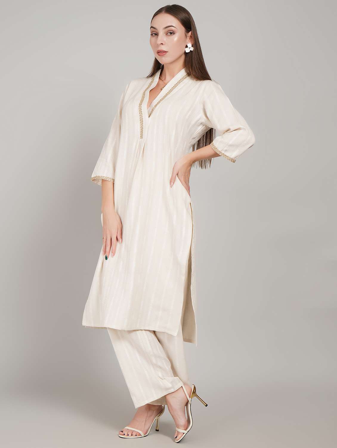women self design three quarter sleeve kurta pant set - 22217638 -  Standard Image - 3