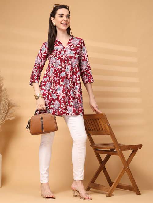 women floral three quarter sleeve a-line tunic - 22217640 -  Standard Image - 0