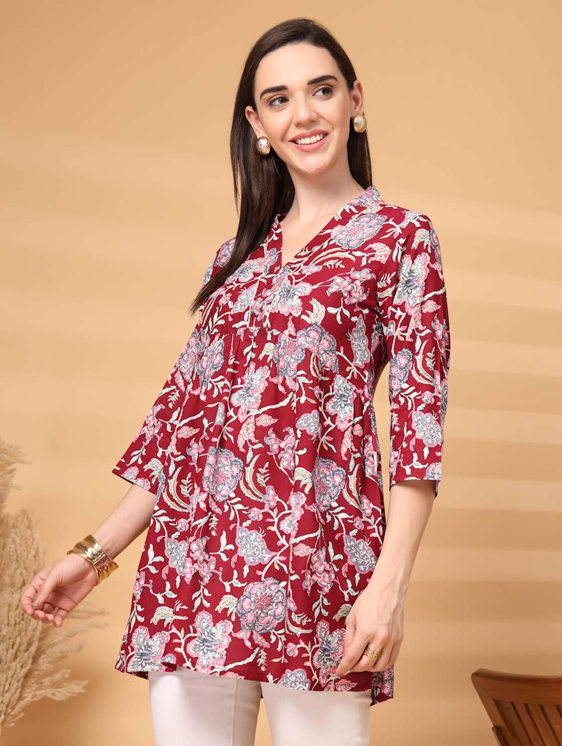 women floral three quarter sleeve a-line tunic - 22217640 -  Standard Image - 3