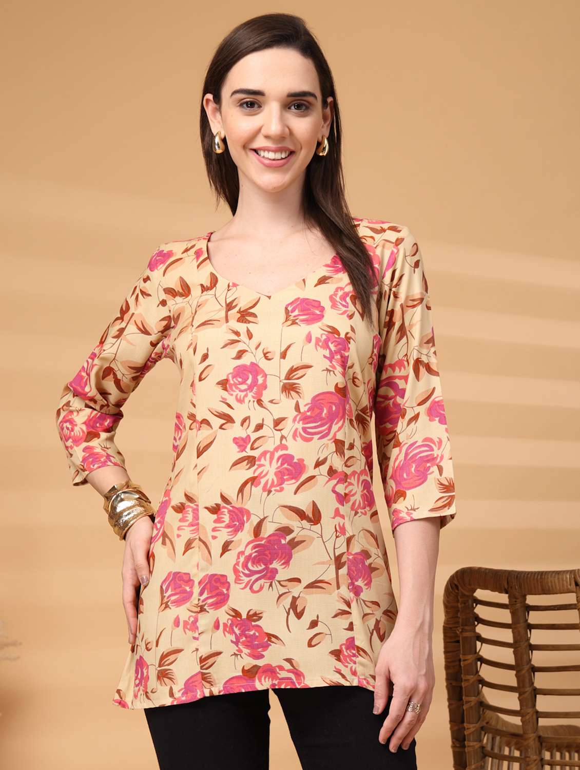 women floral three quarter sleeve a-line kurti