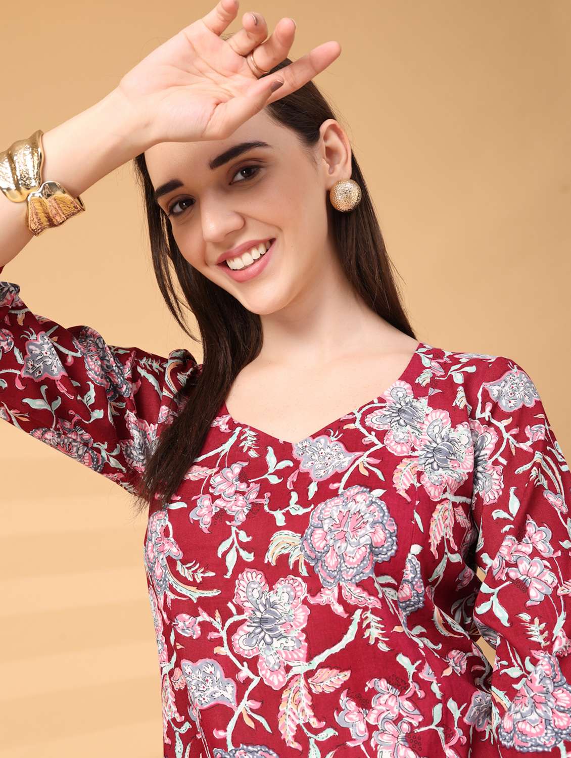 women floral three quarter sleeve a-line kurti - 22217643 -  Standard Image - 5